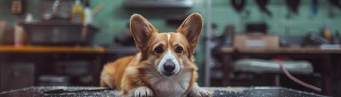 ein wenig Corgi Hund, Niedlich, im das Haustier Schönheit Geschäft, Scheren, Dokumentarfilm Fotografie foto