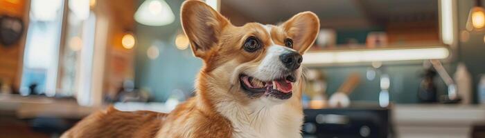 ein wenig Corgi Hund, Niedlich, im das Haustier Schönheit Geschäft, Scheren, Dokumentarfilm Fotografie foto