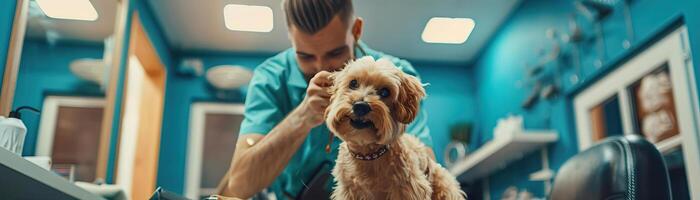 heiter Pistenfahrzeug im ein Haustier Salon, halten ein Kamm während Pflege ein klein, bezaubernd Hund, präsentieren das freundlich und Fachmann Atmosphäre foto