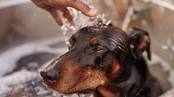 ein hoch Qualität fotografieren von ein sehr entspannt Dobermann Sein verwöhnt beim ein Hund Spa foto