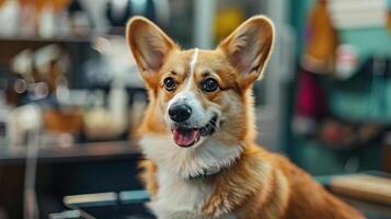 ein wenig Corgi Hund, Niedlich, im das Haustier Schönheit Geschäft, Scheren, Dokumentarfilm Fotografie foto