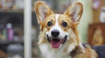 ein wenig Corgi Hund, Niedlich, im das Haustier Schönheit Geschäft, Scheren, Dokumentarfilm Fotografie foto