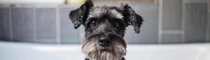 süß Hund Porträt schwarz Schnauzer Mini, mit ihr daran interessiert Sinn von Geruch und sanft Temperament, Fokus auf Gesicht, Badezimmer Hintergrund foto