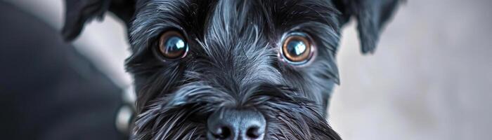 süß Hund Porträt schwarz Schnauzer Mini, mit ihr daran interessiert Sinn von Geruch und sanft Temperament, Fokus auf Gesicht, Badezimmer Hintergrund foto
