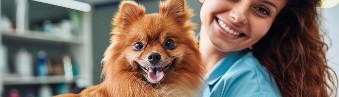 kommerziell Bild von Pflege ein Spitz pommerschen im ein Haustier Salon, mit ein heiter Pistenfahrzeug und ein brav Hund im ein Fachmann, hell zündete Rahmen foto