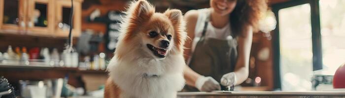 lächelnd jung Pistenfahrzeug im Schürze Trimmen süß pelzig Hund im Haustier Salon, ultrarealistisch Fotografie Lager Foto