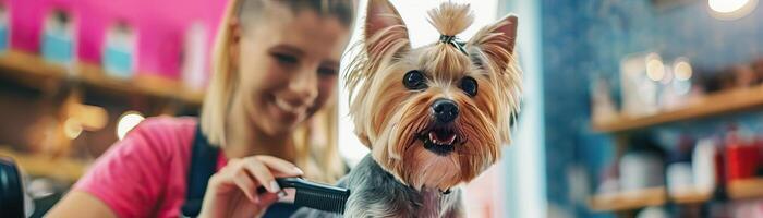 Fachmann Pistenfahrzeug lächelnd während halten ein Kamm und Pflege ein süß klein Hund im ein hell zündete Haustier Salon, Hervorheben das aufmerksam Pflege und Sauberkeit foto