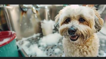 Hund Körperpflege, glücklich Hund, bekommen verwöhnt, im ein Fachmann Hund Pflege Salon foto