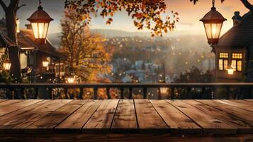 leeren hölzern Tabelle Vordergrund mit ein leise zündete Jahrgang Stadt, Dorf im das Hintergrund, hervorrufen ein warm, herbstlich Abend Ambiente foto