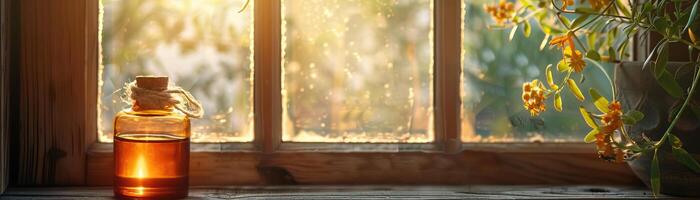 ein gemütlich, natürlich Licht Szene präsentieren ein Bernstein Öl Flasche neben ein Fenster, Sanft Licht Gießen ein warm glühen, Panorama- Kopieren Raum beim das oben. foto