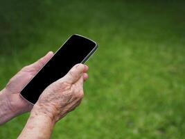 Hände von ein Senior Frau halten ein Smartphone während Stehen im ein Garten. Raum zum Text. Konzept von alt Menschen und Kommunikation foto