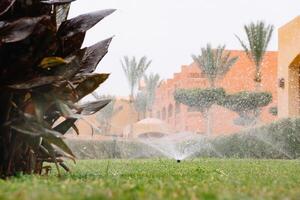 modern Gerät von Bewässerung Garten. Bewässerung System - - Technik von Bewässerung im das Garten. Rasen Sprinkler Sprühen Wasser Über Grün Gras. foto