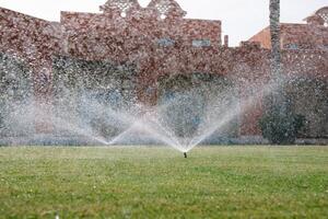 automatisch Sprinkler System Bewässerung das Rasen auf ein Hintergrund von Grün Gras, Nahansicht foto