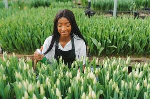 schön jung lächelnd afrikanisch amerikanisch Mädchen, Arbeiter mit Blumen im Gewächshaus. Konzept Arbeit im das Gewächshaus, Blumen. foto