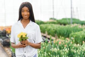 schön jung lächelnd afrikanisch amerikanisch Mädchen, Arbeiter mit Blumen im Gewächshaus. Konzept Arbeit im das Gewächshaus, Blumen. foto