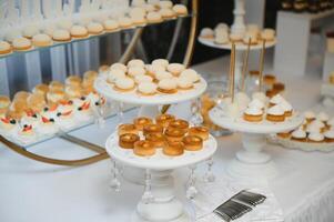 verschiedene Dessert mit frisch Obst auf Buffet Linie, süss. foto