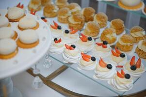 verschiedene Dessert mit frisch Obst auf Buffet Linie, süss. foto