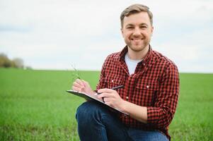 Farmer hält ein Ernte von das Boden und jung Grün Weizen Sprossen im seine Hände Überprüfung das Qualität von das Neu Ernte. Agronom Analyse das Fortschritt von das Neu Aussaat Wachstum. Landwirtschaft Gesundheit Konzept foto