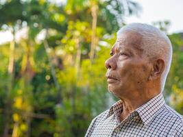 Porträt von ein Senior Mann suchen oben während Stehen im ein Garten. Raum zum Text. Konzept von alt Menschen und Gesundheitswesen foto