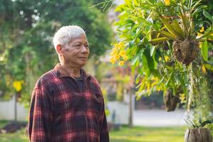 Porträt von ein Alten asiatisch Mann Stehen im das Zuhause Garten. Raum zum Text. Konzept von alt Menschen und Gesundheitswesen foto