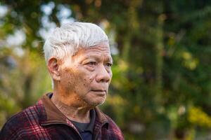 Porträt von ein Senior Mann suchen Weg während Stehen im ein Garten. Raum zum Text. Konzept von alt Menschen und Gesundheitswesen foto