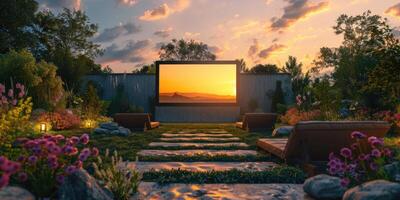 leer Weiß Bildschirm draußen im Grün Gras Park. draussen Kino, groß Bildschirm zeigen. foto