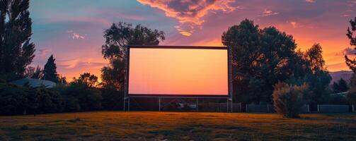 leer Weiß Bildschirm draußen im Grün Gras Park. draussen Kino, groß Bildschirm zeigen. foto