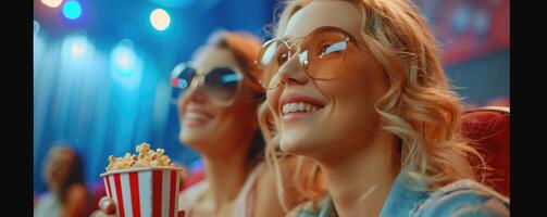 zwei Frauen Aufpassen Film im Kino, Essen Popcorn. foto