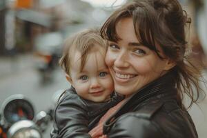 lächelnd Frau tragen Leder Jacke und ihr Kleinkind , Motorrad im das Hintergrund. foto