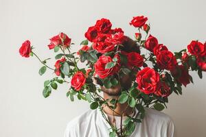 schön jung Mann im Rosen Blumen auf Weiß Hintergrund. foto