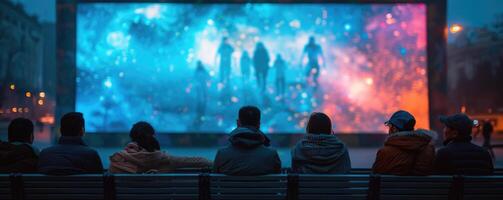 Menschen Aufpassen draussen Kino, groß Bildschirm zeigen. Aussicht von hinter. foto