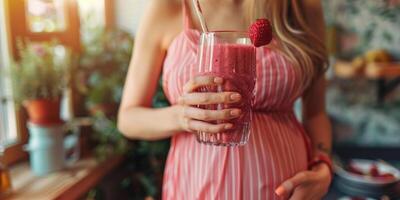 glücklich schwanger Frau Trinken Grün Gemüse Saft oder Smoothie beim heim. foto