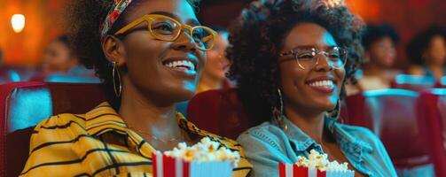 zwei Frauen Aufpassen Film im Kino, Essen Popcorn. foto