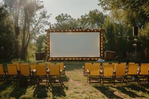 leer Weiß Bildschirm draußen im Grün Gras Park. draussen Kino, groß Bildschirm zeigen. foto