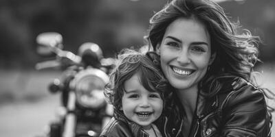 lächelnd Frau tragen Leder Jacke und ihr Kleinkind , Motorrad im das Hintergrund. foto