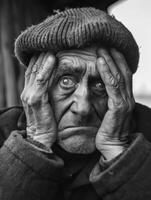 feierlich Erinnerung - - ein erschöpft Person im Holocaust Konzentration Lager Tragödie Buchenwald, Auschwitz, Trostenez - - ausgehalten unvorstellbar Schrecken, Lager Zeuge zu das Gräueltaten von Welt Krieg ii foto