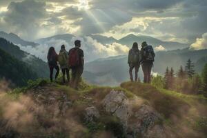 heiter Studenten genießen Natur Urlaub, Camping, wandern, und Einweichen im großartig Landschaft, Förderung Kameradschaft und Freude inmitten das Schönheit von das draußen, Erstellen unvergesslich Erfahrungen und Verbindung foto