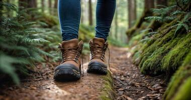 Wandern Abenteuer im üppig Wald, Nahansicht auf Wanderer Stiefel auf Weg foto