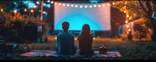 leer Weiß Bildschirm draußen im Grün Gras Park. draussen Kino, groß Bildschirm zeigen. foto