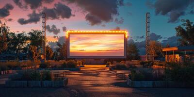 leer Weiß Bildschirm draußen im Grün Gras Park. draussen Kino, groß Bildschirm zeigen. foto