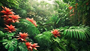 exotisch tropisch Blätter Hintergrund mit Monstera Pflanzen und Orange Blumen. ästhetisch Urwald oder Garten und ein Nahansicht von schön Grün tropisch Laub. ai-generativ foto