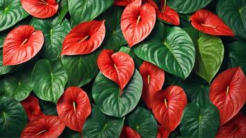 ästhetisch rot Anthurium Pflanze Hintergrund. Nahansicht von schön rot und Grün tropisch Laub. ai-generativ foto