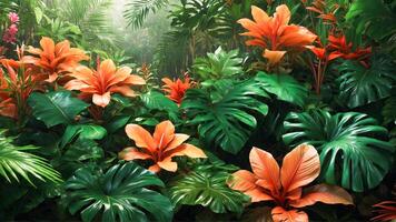 exotisch tropisch Blätter Hintergrund mit Monstera Pflanzen und Orange Blumen. ästhetisch Urwald oder Garten und ein Nahansicht von schön Grün tropisch Laub. ai-generativ foto
