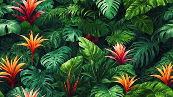 exotisch tropisch Blätter Hintergrund mit Monstera Pflanzen und Orange Blumen. ästhetisch Urwald oder Garten und ein Nahansicht von schön Grün tropisch Laub. ai-generativ foto