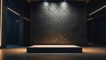 elegant Produkt Podium im ein dunkel Zimmer mit ein abstrakt Hintergrund. ein luxuriös und futuristisch leeren schwarz Bühne geeignet zum ein Produkt Stand oder Podium Sockel. Innere Design. ai-generativ foto