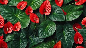 ästhetisch rot Anthurium Pflanze Hintergrund. Nahansicht von schön rot und Grün tropisch Laub. ai-generativ foto