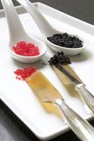 rot und schwarz Kaviar auf Geschirr Teller foto