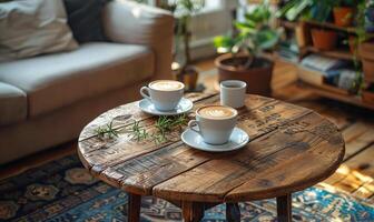 zwei Tassen von aromatisch Kaffee auf hölzern Tabelle im gemütlich Leben Zimmer foto