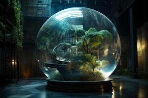 Glas Kugel gefüllt mit Pflanzen und Teich im dunkel Zimmer foto
