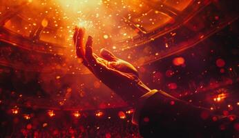 neoterisch Konzept Poster zum ein Zirkus Performance von ein Hand erreichen aus und greifen ein Licht auf das Bühne foto